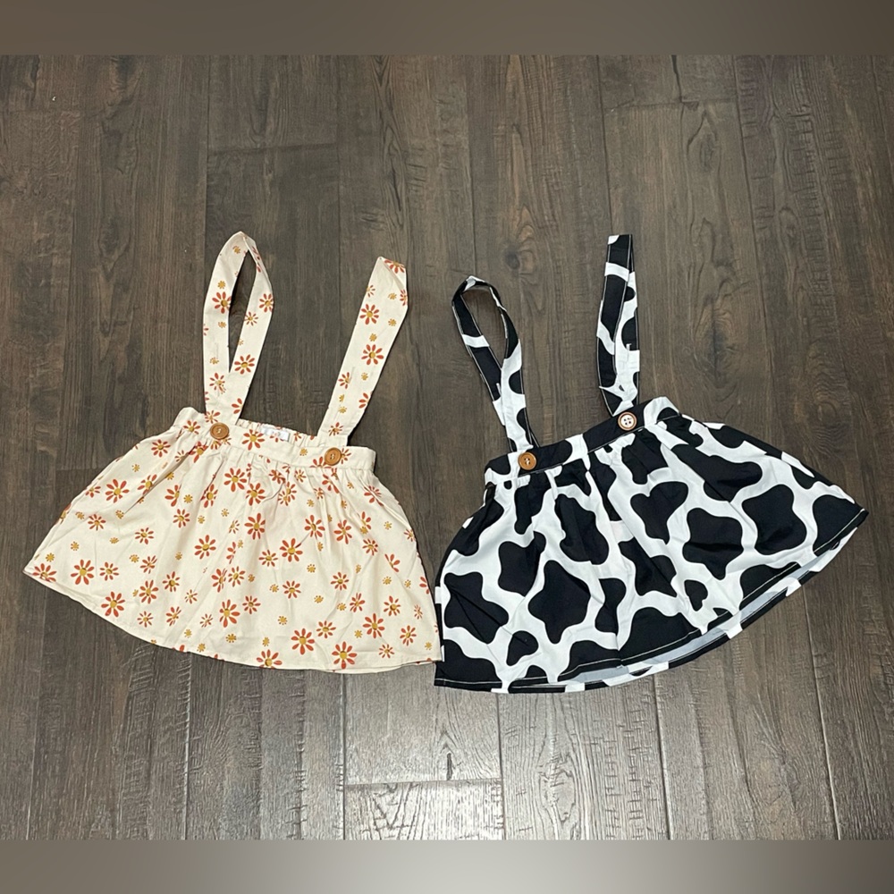 NWT Cow Print and Floral Suspender Skirts - Black & White, Cream & Orange